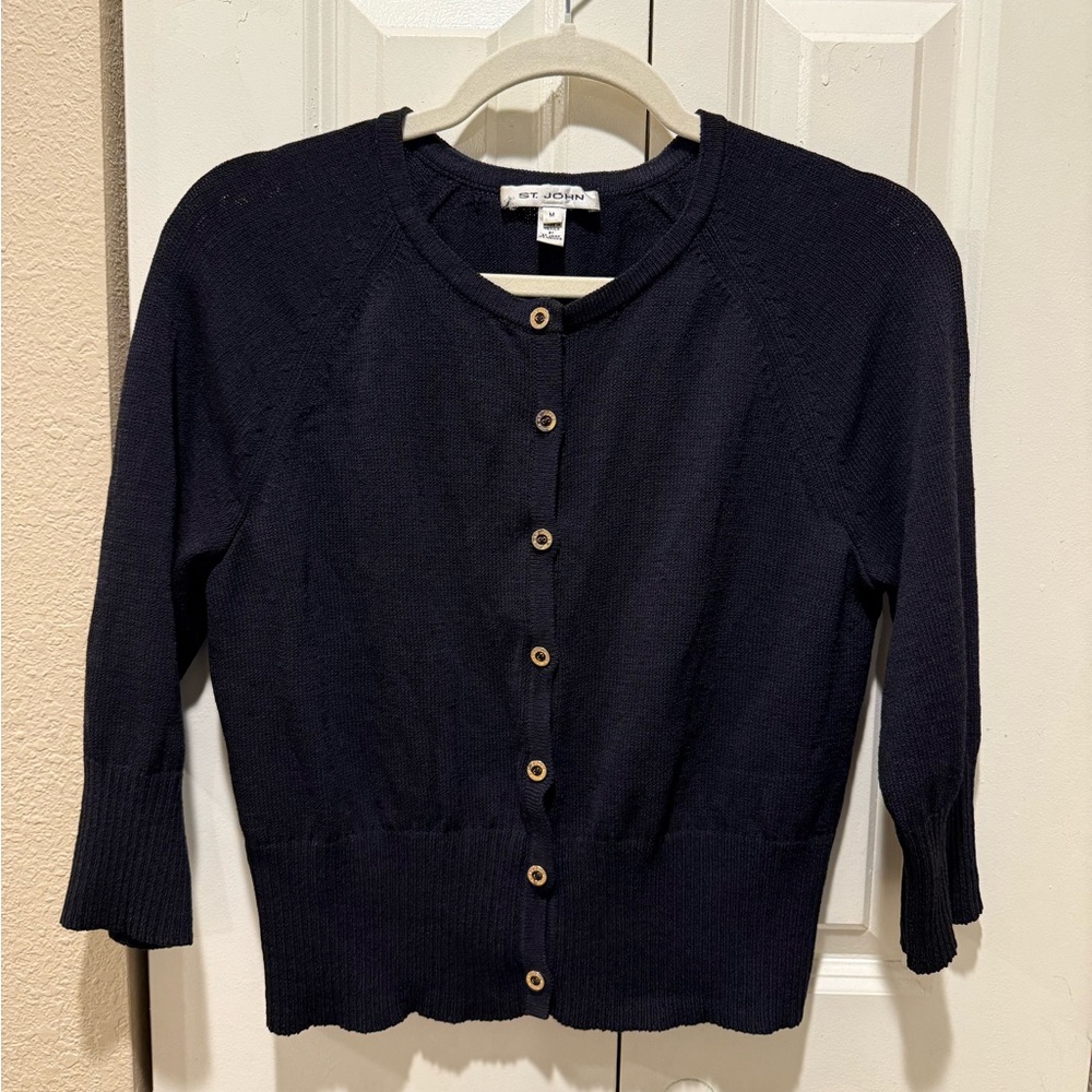 St.John Vintage Santana Knit Wool Gold Labeled Buttons Black Cardigan,M